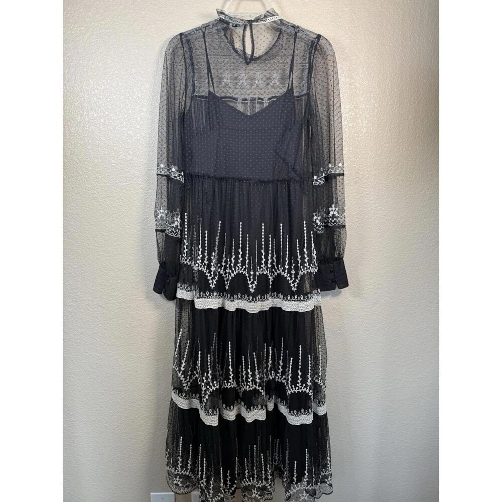Zara Trinny Black Lace Sheer Tulle XS Embroidered Gothic Boho Maxi Whimsigoth‎ - Picture 7 of 12